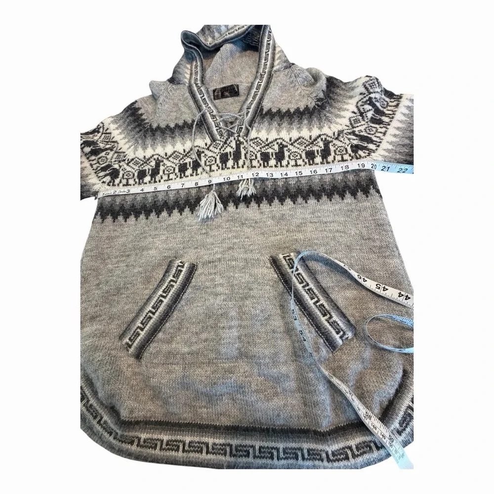 Arte Inka Berfas Alpaca Hooded Fair Isle Lace Up Sweater Peru Women's Gray Med
